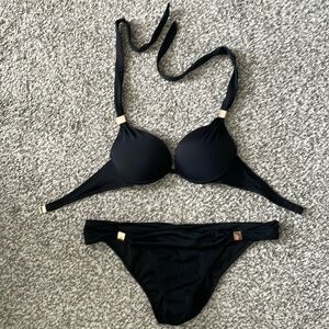 Victorias Secret black and gold bikini push up underwire top